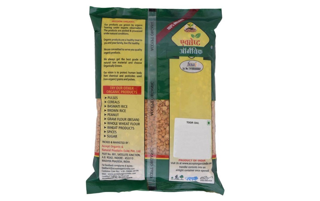 Accept Organic Toor Dal Yellow (Split)    Pack  500 grams